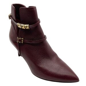 VALENTINO BURGUNDY / GOLD ROCKSTUD GRAINED LEATHER BOOTS